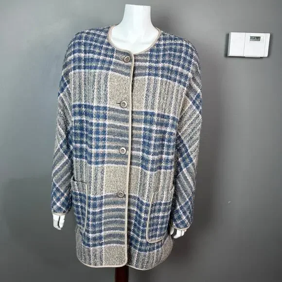 Basler‎ jacket women's Large XL wool long plaid blazer overcoat FR 46 lagenlook